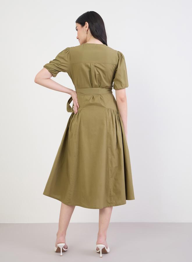 Styli Olive Puff Sleeves Midi Shirt Dress - Image 4