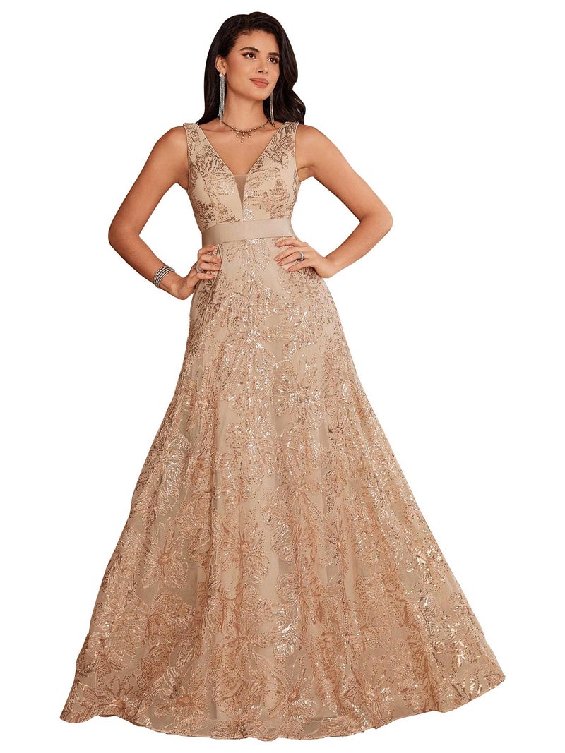 XUIBOL Sleeveless Glitter Sequined Womens Long Formal Gown Aline Prom Dress for Anchorwoman Floor Length Evening Dress Champagne S - Image 1