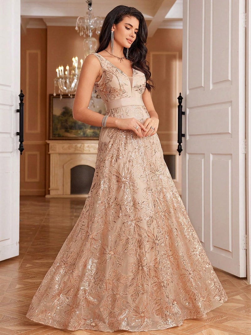 XUIBOL Sleeveless Glitter Sequined Womens Long Formal Gown Aline Prom Dress for Anchorwoman Floor Length Evening Dress Champagne S - Image 5