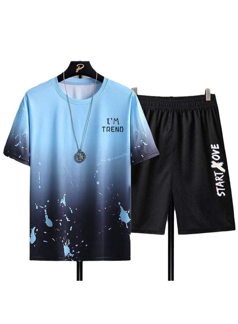 Trendy printed short-sleeved T-shirt summer new men's casual suit shorts short-sleeved T-shirt two-piece set  - Image 1