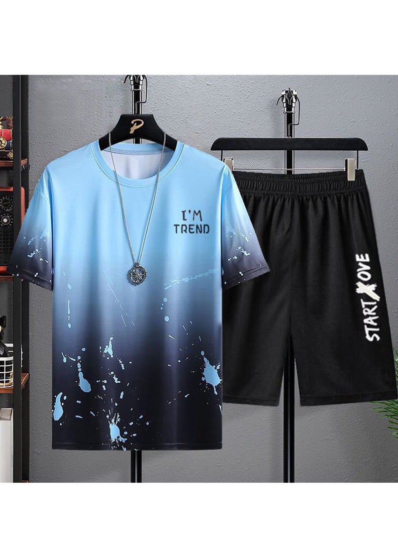 Trendy printed short-sleeved T-shirt summer new men's casual suit shorts short-sleeved T-shirt two-piece set  - Image 2