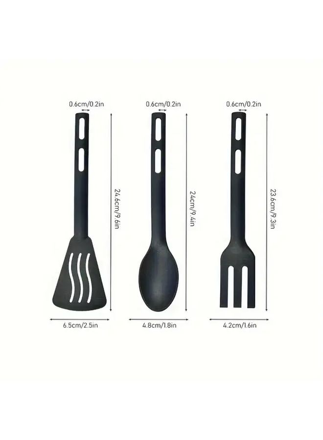 Black Nylon Kitchenware Set 3Pcs Non Stick Pot Spatula Rice Spoon Fork Portable Tableware - Image 3