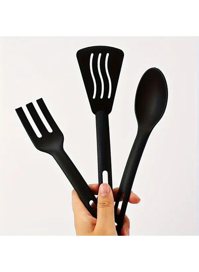 Black Nylon Kitchenware Set 3Pcs Non Stick Pot Spatula Rice Spoon Fork Portable Tableware - Image 1