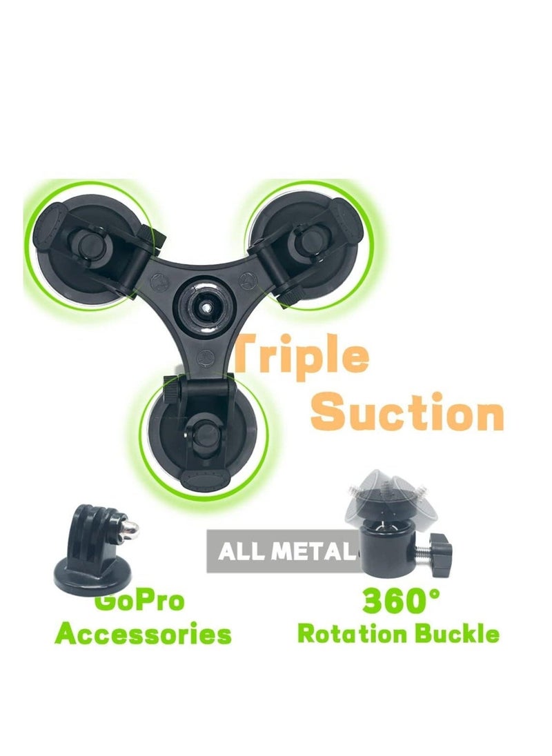 Triple Suction Cup Mount Holder, Action Camera Car Windshield Mount, with 1/4 Threaded Head 360 Degree Tripod Ball Head Mount and Screw, Compatible with Gopro, DJI OSMO Akaso - Image 2