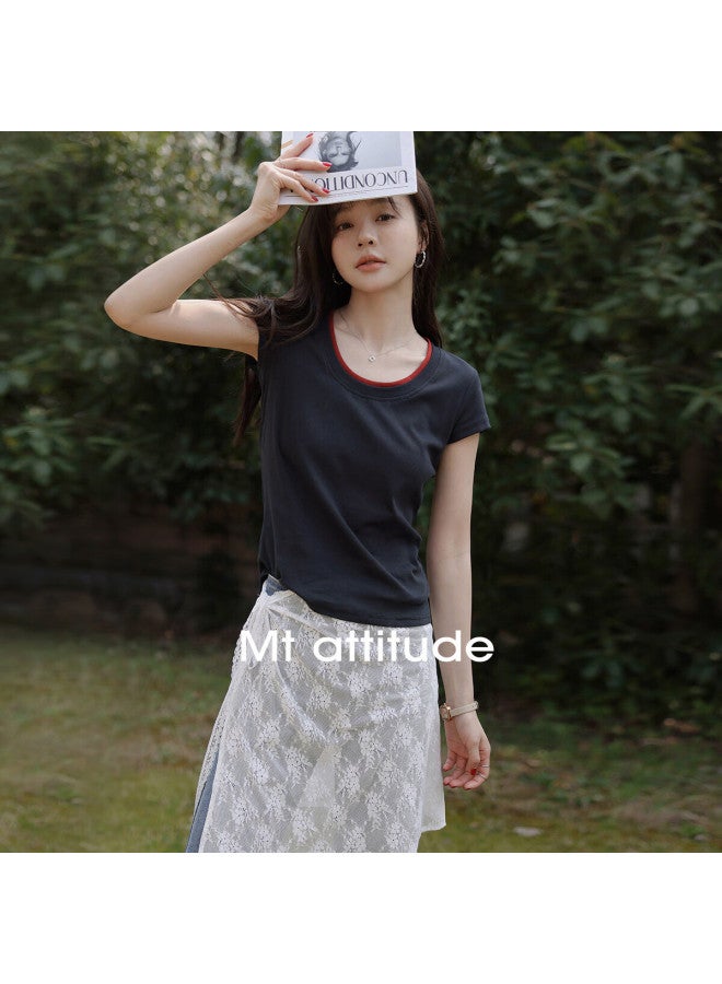 Mt [elegant Minimalist Style] Summer Elastic Ribbed Simple Elegant U-neck Slim-fit Short-sleeve T-shirt - Image 1