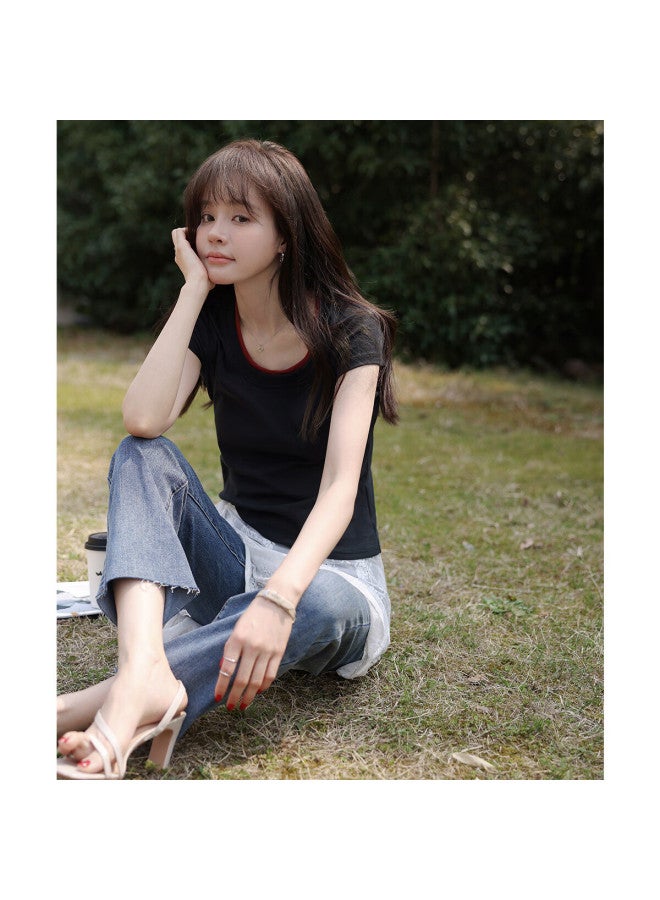 Mt [elegant Minimalist Style] Summer Elastic Ribbed Simple Elegant U-neck Slim-fit Short-sleeve T-shirt - Image 4
