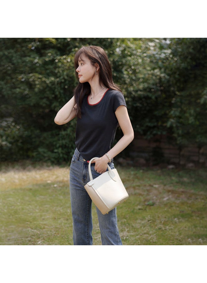 Mt [elegant Minimalist Style] Summer Elastic Ribbed Simple Elegant U-neck Slim-fit Short-sleeve T-shirt - Image 3