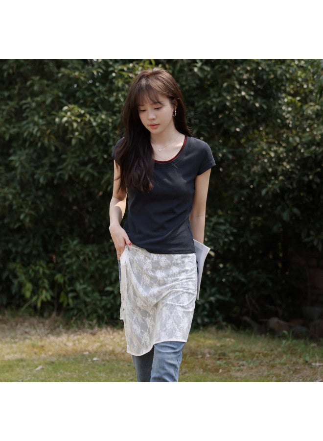 Mt [elegant Minimalist Style] Summer Elastic Ribbed Simple Elegant U-neck Slim-fit Short-sleeve T-shirt - Image 5