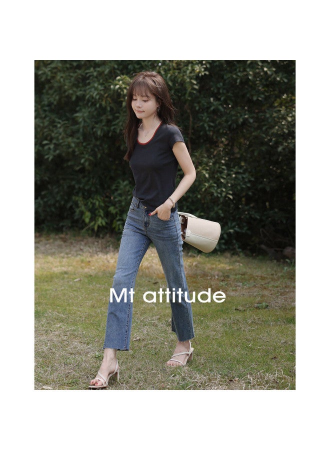 Mt [elegant Minimalist Style] Summer Elastic Ribbed Simple Elegant U-neck Slim-fit Short-sleeve T-shirt - Image 2