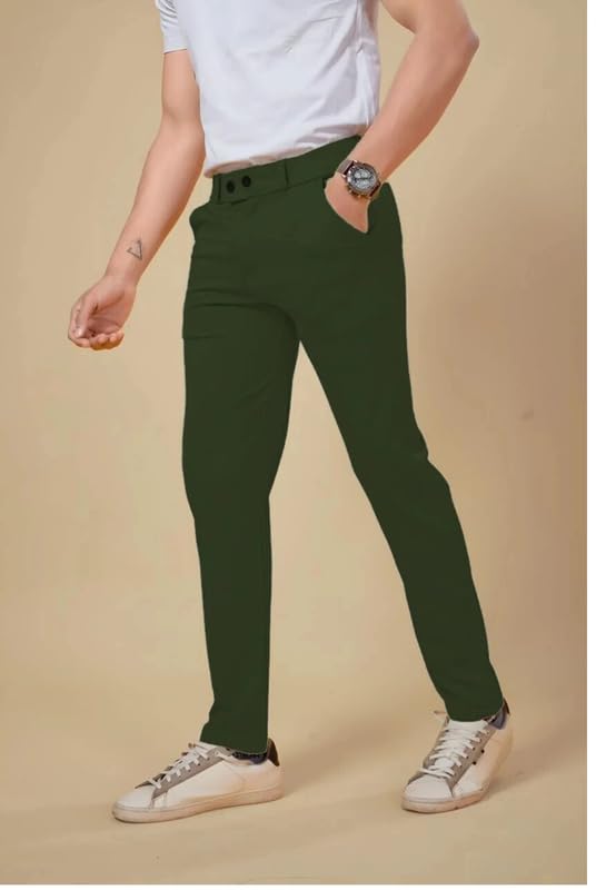 NoseQueen Men's Slim Fit Cargo Trousers | Stretchable Formal Men Trousers | Stylish Slim Fit Trouser for Men | Polycotton Knitted Fabric Pant for Man Green - Image 2