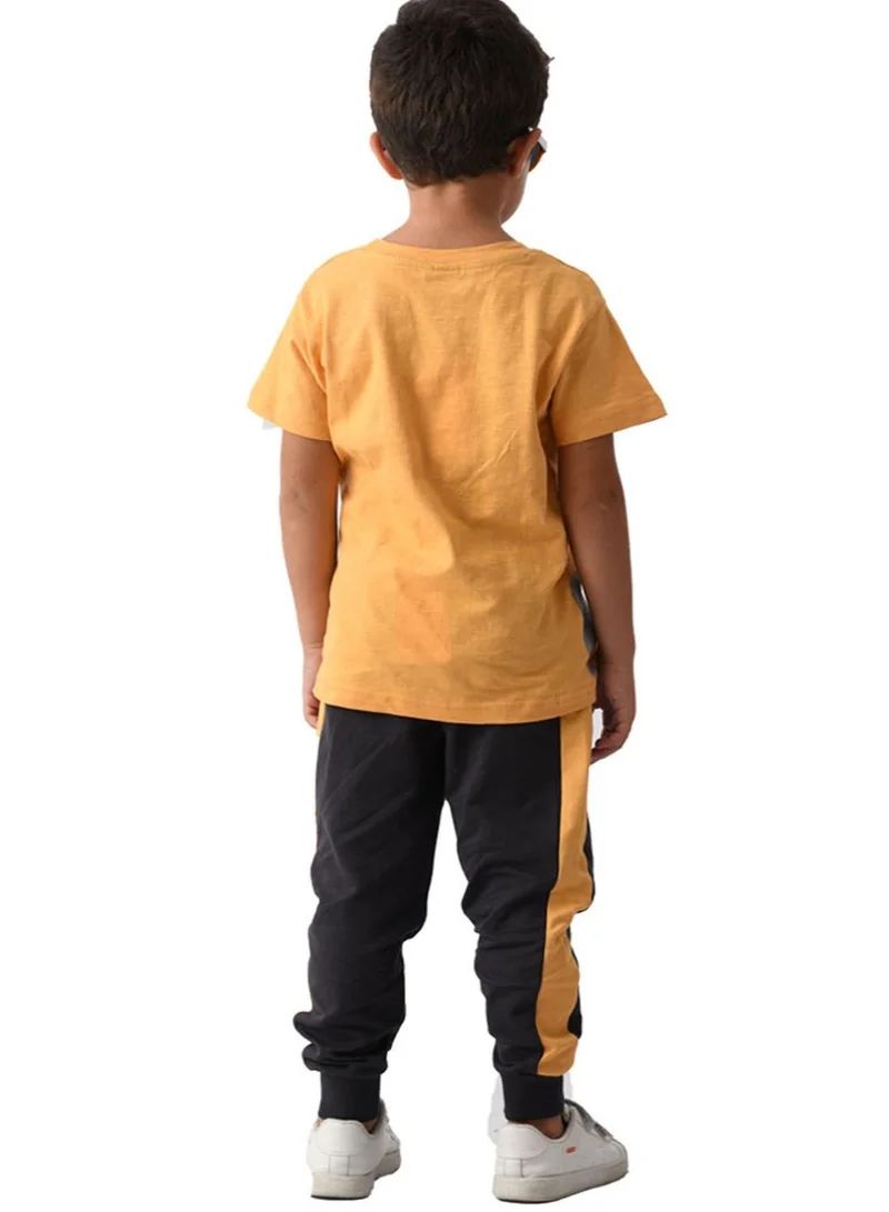 URBASY Urbasy Kids Boys Printed Round Neck Mustard  T-Shirt With Dark grey Jogger pants set