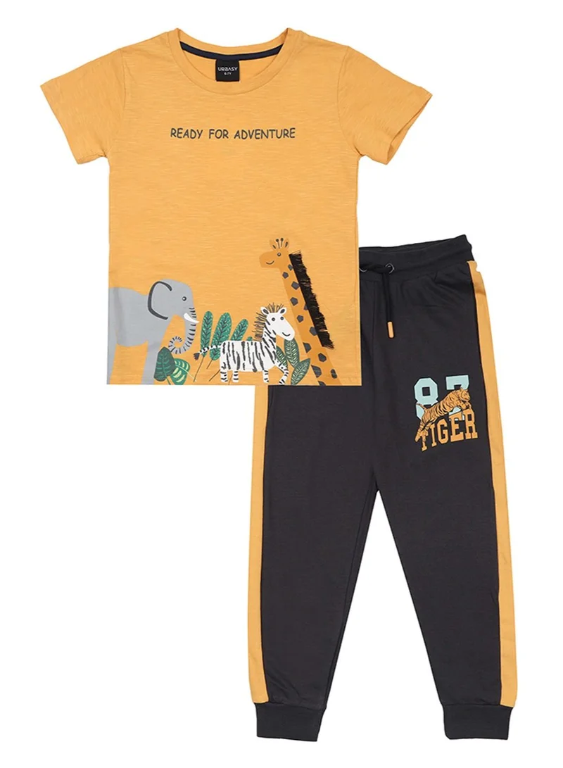 URBASY Urbasy Kids Boys Printed Round Neck Mustard  T-Shirt With Dark grey Jogger pants set