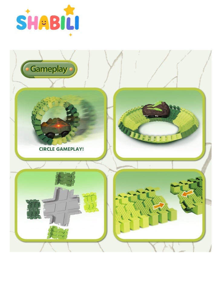 SHABILI 340PCS Dinosaur Race Track Car Toys Set, Flexible ABS Dinosaur Track Playset with 2 Dinosaur Figures, 1 Dinosaur Car, 290 Track Pieces for Kids Boys Girls, Educational Toy and Birthday Gift (Green) - Image 5