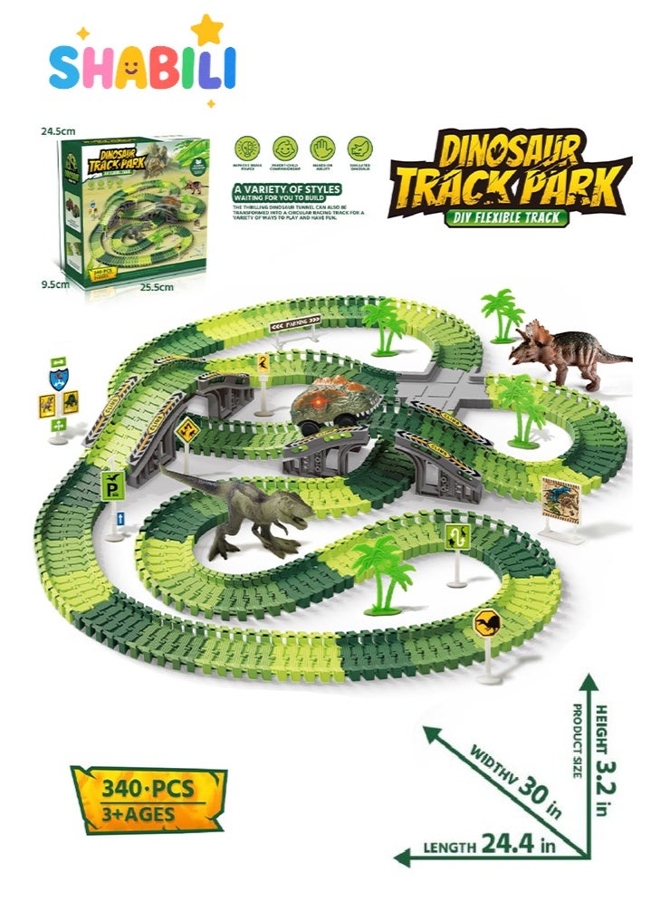 SHABILI 340PCS Dinosaur Race Track Car Toys Set, Flexible ABS Dinosaur Track Playset with 2 Dinosaur Figures, 1 Dinosaur Car, 290 Track Pieces for Kids Boys Girls, Educational Toy and Birthday Gift (Green) - Image 2