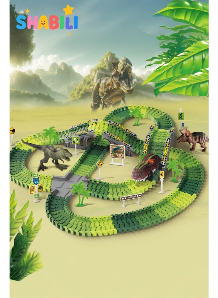SHABILI 340PCS Dinosaur Race Track Car Toys Set, Flexible ABS Dinosaur Track Playset with 2 Dinosaur Figures, 1 Dinosaur Car, 290 Track Pieces for Kids Boys Girls, Educational Toy and Birthday Gift (Green) - Image 4