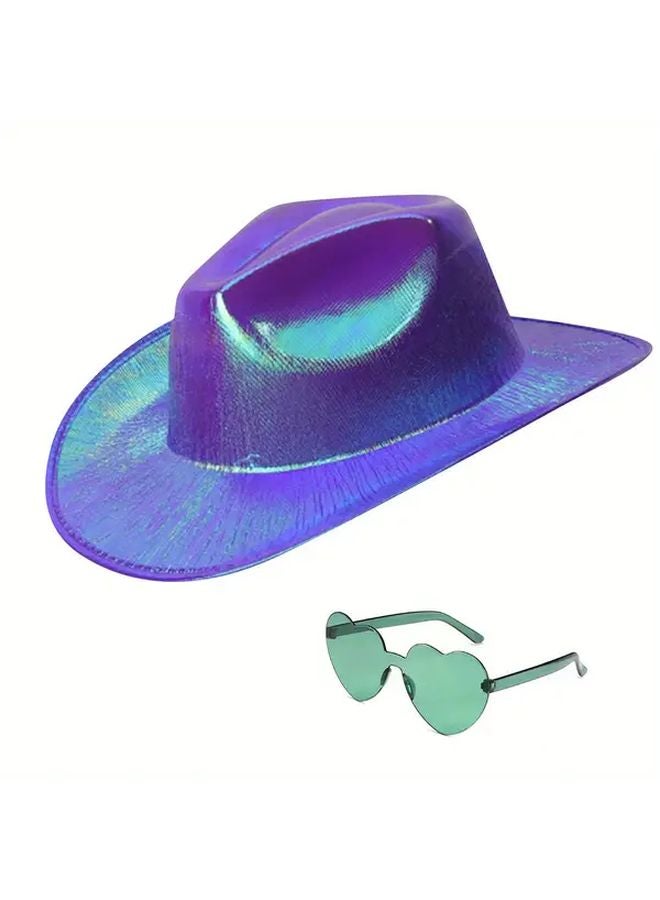 Purple Neon Glitter Space Cowboy Hat With Glasses For Party Halloween Christmas - Image 3