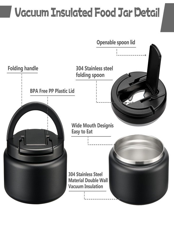 BABHAMNESS 13.5oz Soup Thermo for Hot Food Kids Insulated Vacuum Food Jar with Buckle Lid,Wide Mouth Leakproof Stainless Steel Lunch Container with Spoon-Black - Image 2