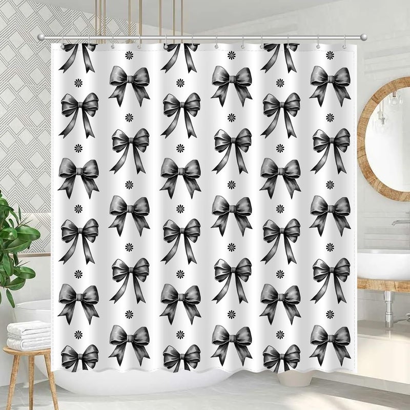 AamAccess Black Bow Shower Curtain Set, Cute Modern Girl Bathroom Aesthetic Polyester Cloth Fabric Bath Curtain Decor with Hooks 72x72 Inches - Image 1