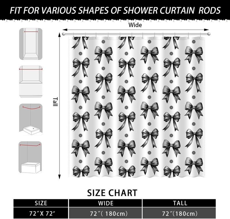 AamAccess Black Bow Shower Curtain Set, Cute Modern Girl Bathroom Aesthetic Polyester Cloth Fabric Bath Curtain Decor with Hooks 72x72 Inches - Image 3