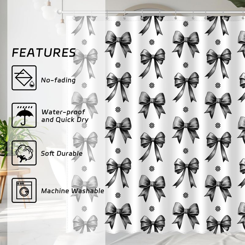 AamAccess Black Bow Shower Curtain Set, Cute Modern Girl Bathroom Aesthetic Polyester Cloth Fabric Bath Curtain Decor with Hooks 72x72 Inches - Image 4