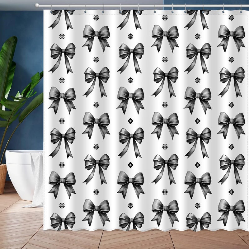 AamAccess Black Bow Shower Curtain Set, Cute Modern Girl Bathroom Aesthetic Polyester Cloth Fabric Bath Curtain Decor with Hooks 72x72 Inches - Image 2
