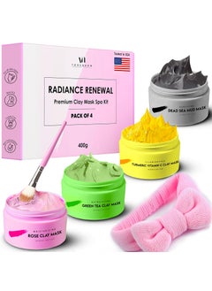 VogueNow Clay Mask Gift Pack of 4 Jars 400g With Cute Headband  Brush  Premium Clay Face Mask  Turmeric Vitamin C Green Tea Rose Dead Sea Mud  Clay Mask For Face  International Womens Day Gifts 