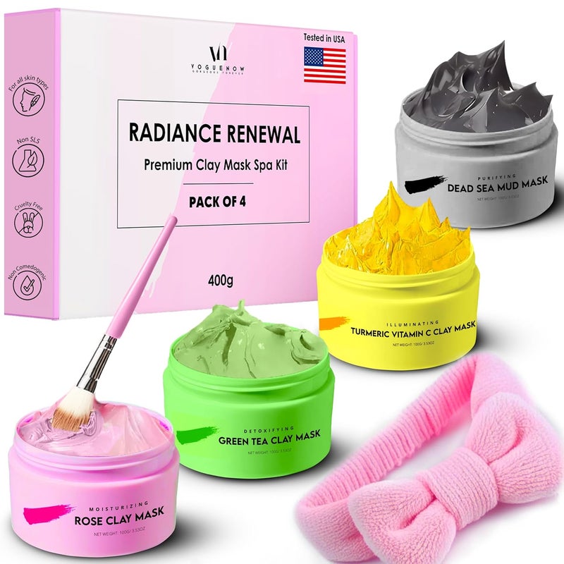 VogueNow Clay Mask Gift Pack of 4 Jars 400g With Cute Headband  Brush  Premium Clay Face Mask  Turmeric Vitamin C Green Tea Rose Dead Sea Mud  Clay Mask For Face  International Womens Day Gifts