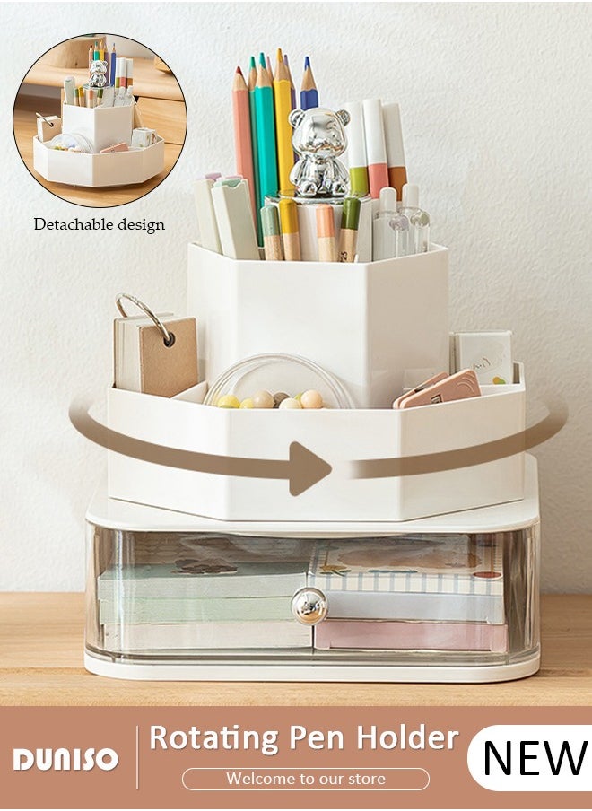 DUNISO 360 Degree Rotating Office Desk Organizers and Accessories with 1 Drawer, Pencil Pen Marker Holder for Desk, Desktop Storage Organizers and Accessories for Office Home Art Supplies  - Image 1