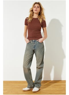 trendyol Brown Faded/Faded Effect Basic Ribbed Cotton Stretch Knitted T-Shirt TWOSS24TS00000  - Image 3
