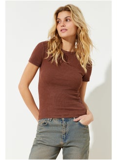 Brown Faded/Faded Effect Basic Ribbed Cotton Stretch Knitted T-Shirt TWOSS24TS00000