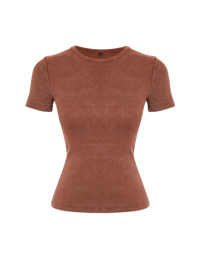 trendyol - Brown Faded/Faded Effect Basic Ribbed Cotton Stretch Knitted T-Shirt TWOSS24TS00000 - Image 1