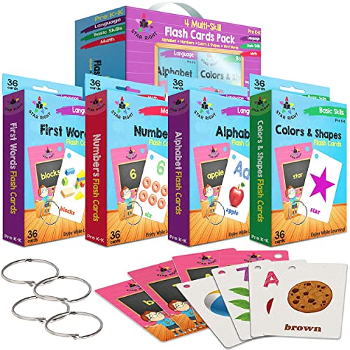 Star Right Flash Cards Set of 4 Numbers Alphabets First Words Colors Shapes Value Pack Flash Cards with Rings for Pre K K - Image 1