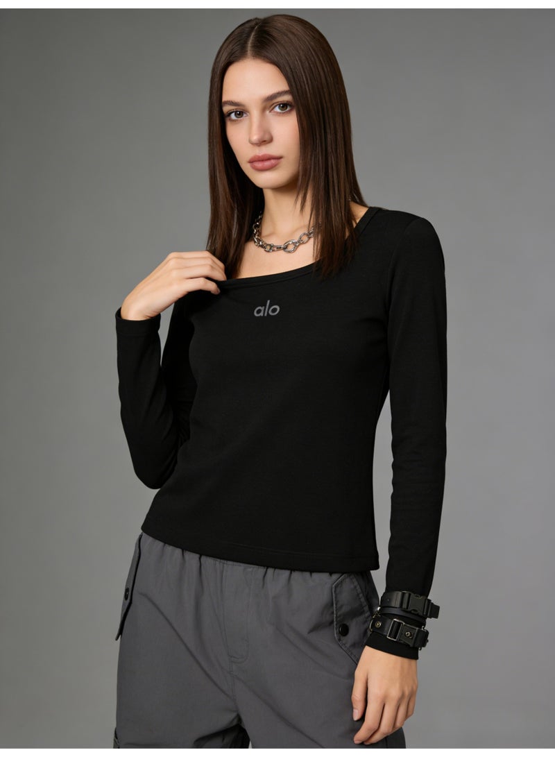 ألو يوغا Alo Yoga Women's Black Warm Velvet Long Sleeve Top - Thermostatic 37 ℃ Warm Shirt, Simple Logo Design, Winter Casual Wear - Image 1