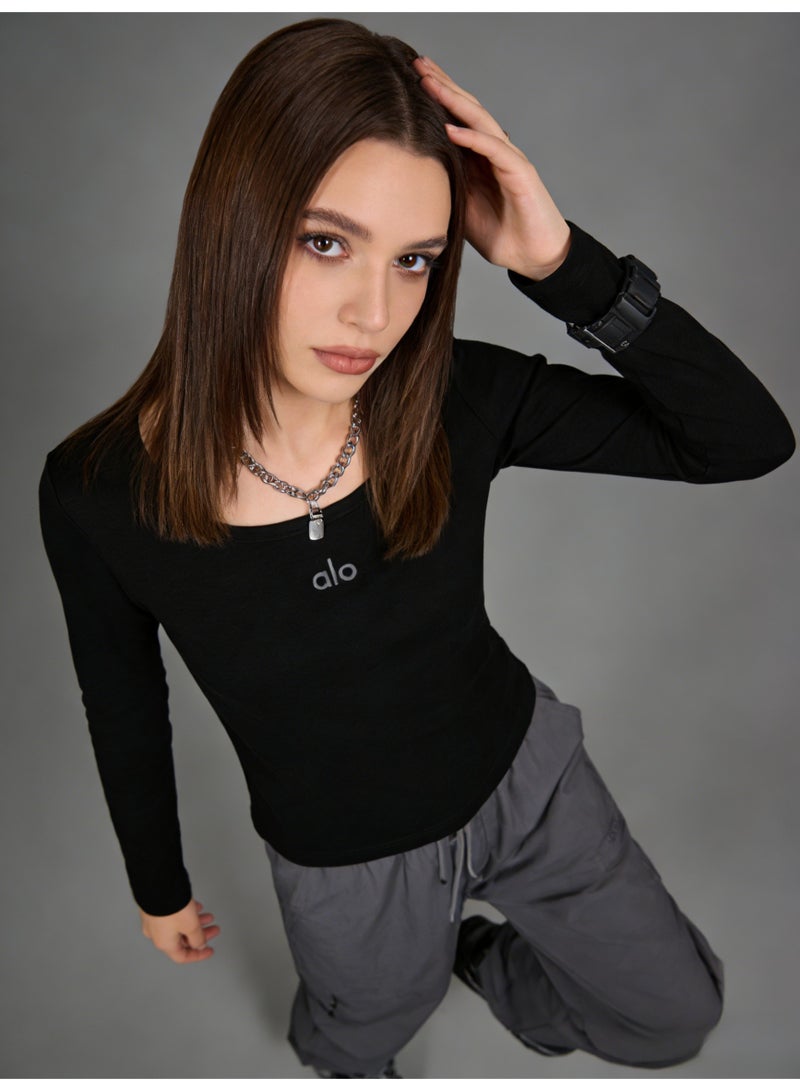 ألو يوغا Alo Yoga Women's Black Warm Velvet Long Sleeve Top - Thermostatic 37 ℃ Warm Shirt, Simple Logo Design, Winter Casual Wear - Image 3
