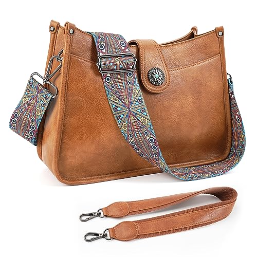 APHISON Crossbody Bags For Women Trendy, Vegan Leather Hobo Handbags Crossbody Purses Shoulder Bucket Bag with 2 Strap Brown - Image 1