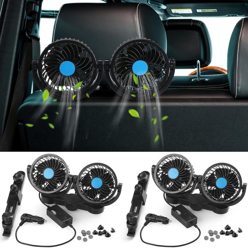 Tujoe 2 Pcs Dual Head Car Fan 12V Low Noise Car Seat Fan Rear Seat 360 Degree Rotatable Portable Fan for Car Cigarette Lighter Seat Cooling Fan for Stepless Speed Regulation Vehicles, SUV, RV, Boat - Image 1