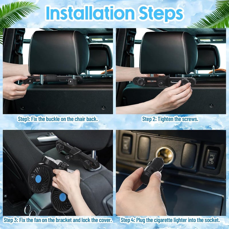 Tujoe 2 Pcs Dual Head Car Fan 12V Low Noise Car Seat Fan Rear Seat 360 Degree Rotatable Portable Fan for Car Cigarette Lighter Seat Cooling Fan for Stepless Speed Regulation Vehicles, SUV, RV, Boat - Image 5