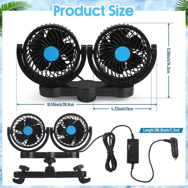 Tujoe 2 Pcs Dual Head Car Fan 12V Low Noise Car Seat Fan Rear Seat 360 Degree Rotatable Portable Fan for Car Cigarette Lighter Seat Cooling Fan for Stepless Speed Regulation Vehicles, SUV, RV, Boat - Image 2
