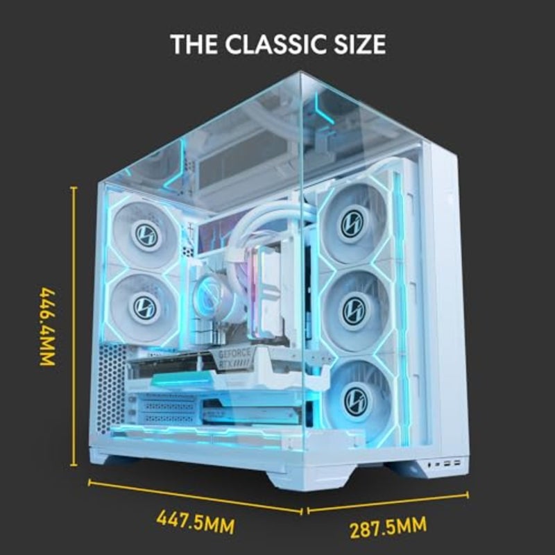 خزانة ألعاب لأنظمة ATX، مصنوعة من الألومنيوم الأبيض والزجاج المقسى، وتدعم E-ATX/Micro/Mini-ITX، وتتضمن دعامة مضادة للترهل لوحدة معالجة الرسومات (GPU) مثبتة مسبقًا - Image 3