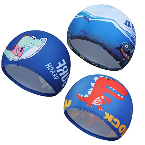 Geyoga 3 Pcs Kids Swim Caps for Boys Girls Age 2-12 Swimming Hat Pool Cap Child Swim Hat for Toddler Youth(Vivid Style) - Image 1