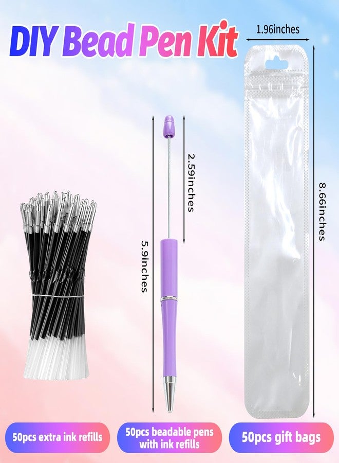 DASTTUIS 150 Pieces DIY Beadable Pen Kit - 50 Plastic Ballpoint Pens with Refills & Bags, Beads Not Included - School Supplies, Office Accessories & Craft Gifts for Students & Teachers (Multicolor) - Image 2