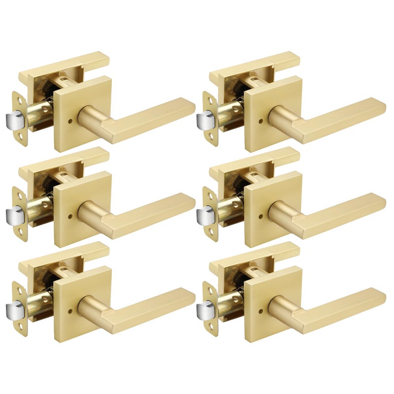 Haidms Gold Door Handles Interior Zinc Alloy Brushed Gold Privacy Interior Door Handles for Bathroom Modern Bedroom Lever Doorhandles 6 Pack