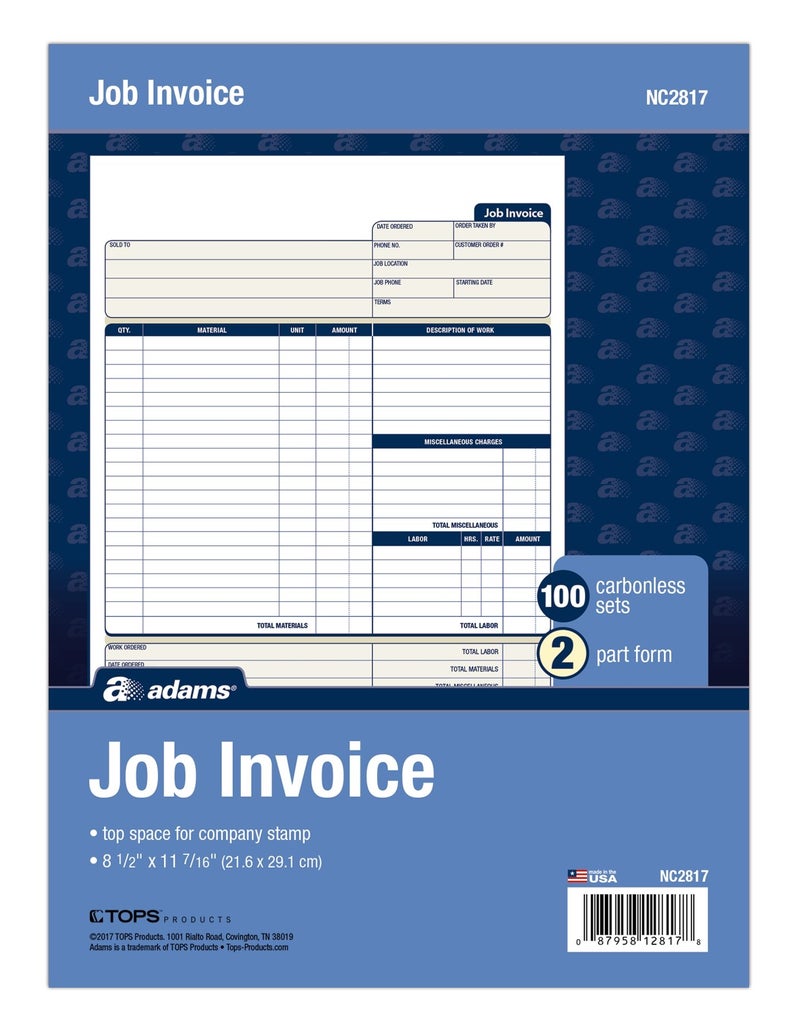 Adams Job Invoice Forms 2Part Carbonless For Service and Repair Billing 100 Individual Sets Per Pack NC2817 White 812 x 11Inches