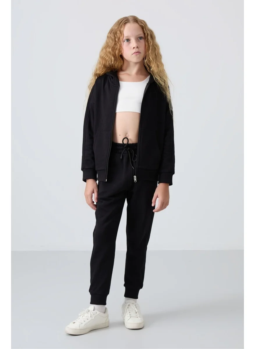 Tommy Life Black Cotton Fluffy Soft Texture Standard Fit Embroidered Girls Tracksuit - 75148