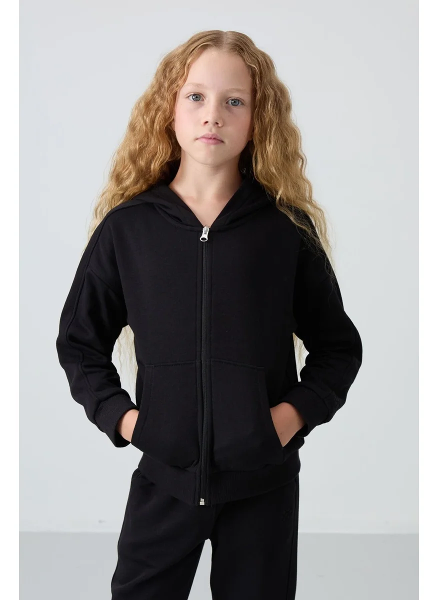 Tommy Life Black Cotton Fluffy Soft Texture Standard Fit Embroidered Girls Tracksuit - 75148