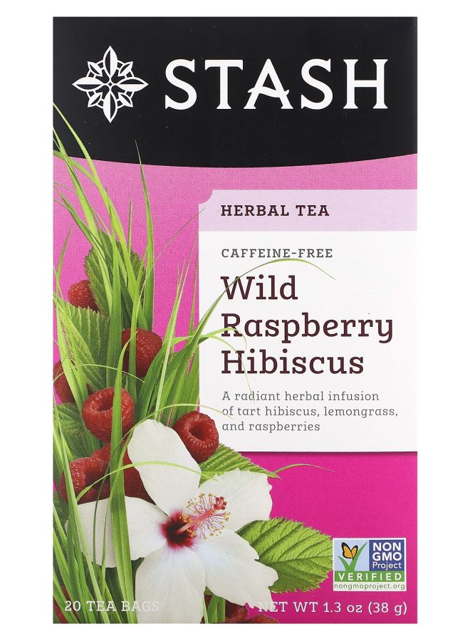 Stash Tea Herbal Tea Wild Raspberry Hibiscus Caffeine Free 20 Tea Bags1.3 oz (38 g)