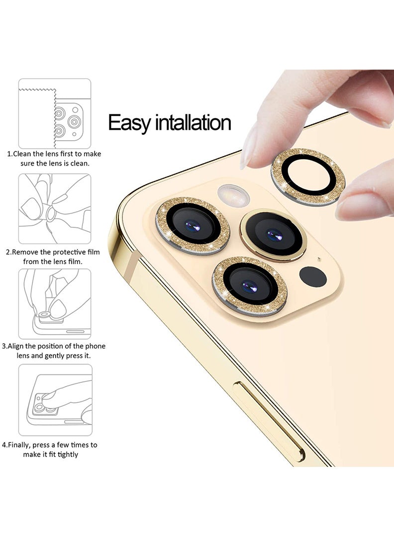 Theodor iPhone 12/ 12 Pro 3 Pcs Camera Lens Protector With 9H Tempered HD Glass Camera Cover Anti Scratch Aluminum Alloy Camera Ring, Bling Glitter Gold - Image 2