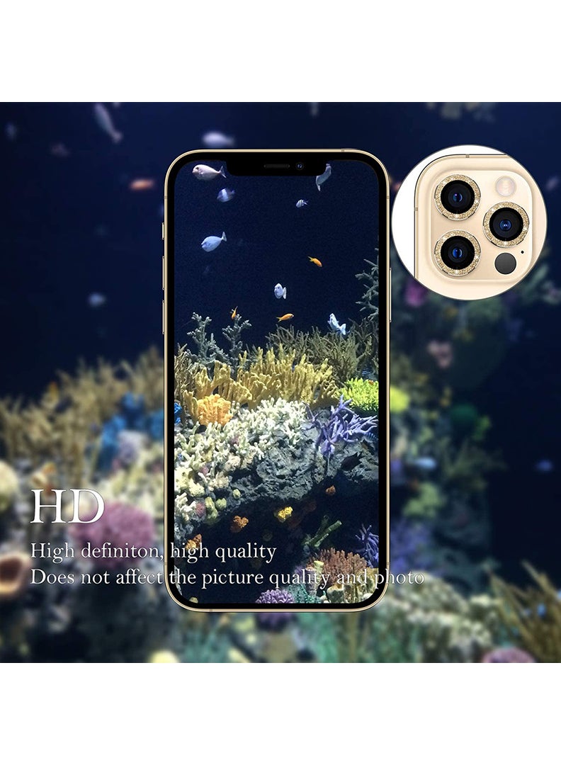 Theodor iPhone 12/ 12 Pro 3 Pcs Camera Lens Protector With 9H Tempered HD Glass Camera Cover Anti Scratch Aluminum Alloy Camera Ring, Bling Glitter Gold - Image 5