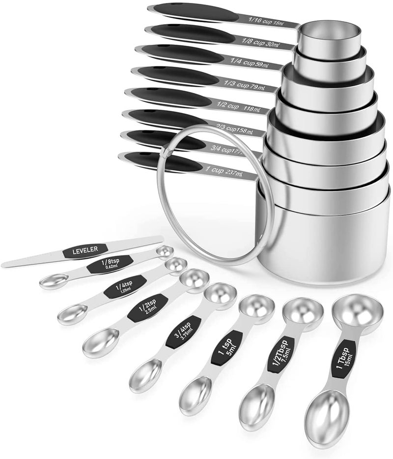 Wildone 16Pc Stainless Steel Measuring Cups Set 8 Measuring Cups 7 DoubleSided Magnetic Measuring Spoons Stackable 1 Leveler Black