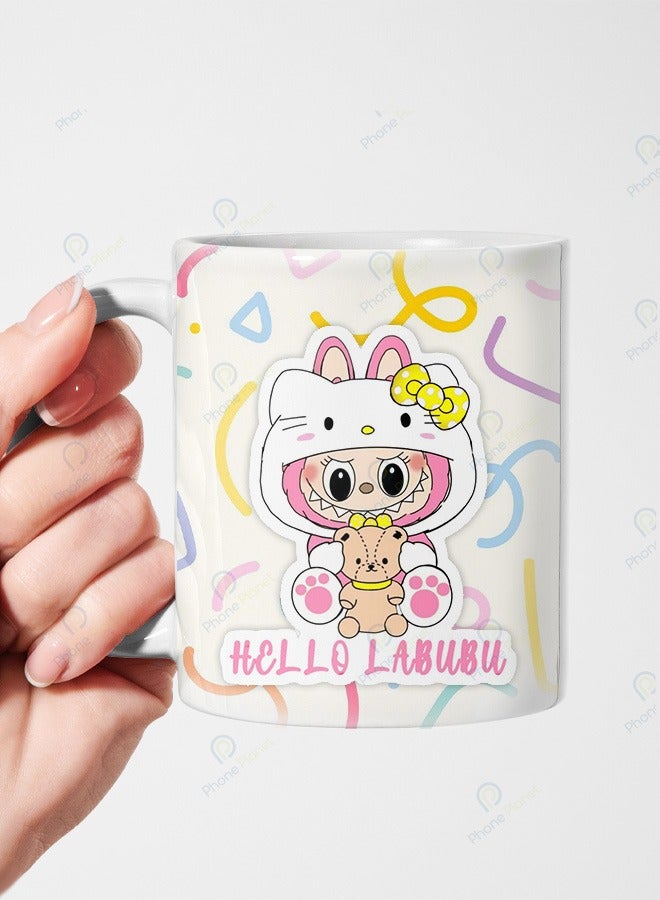 Phone Planet Ceramic mug with multicolored handle featuring the wonderful phrase Hello Labobo